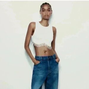 NWT Zara White Cropped Tank Top with Beaded Fringe